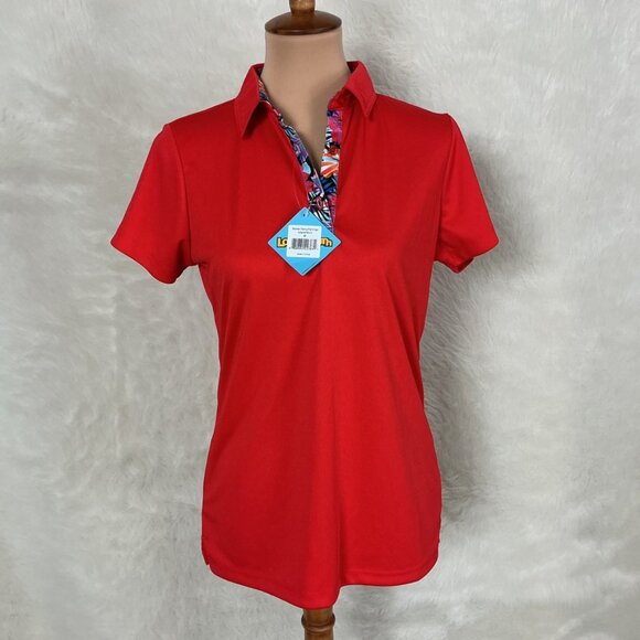 Loudmouth Women's Fancy Flamingo Island Short Sleeve Golf Red Polo Shirt NWT M - Picture 1 of 6